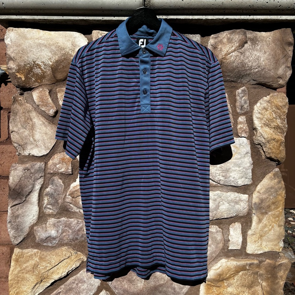Footjoy Polo Shirt Men’s Medium Blue Pink Striped Outdoors Golf Golf Button